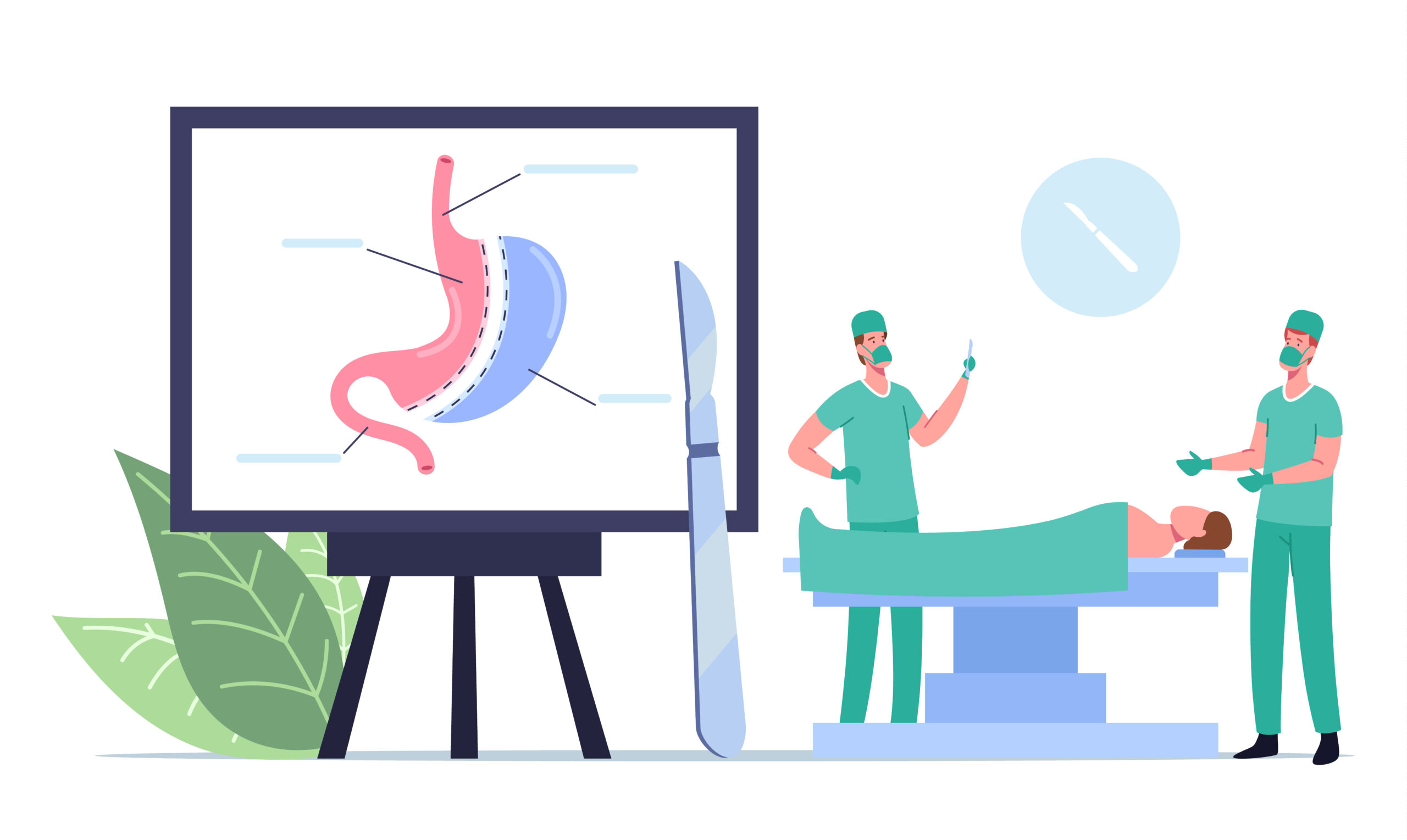 Medical Operable Weight Loss Procedure. Surgeon Male Characters Make Operation Bariatric Surgery Stomach Reduction to Patient Lying on Medic Couch in Operating Room. Cartoon People Vector Illustration